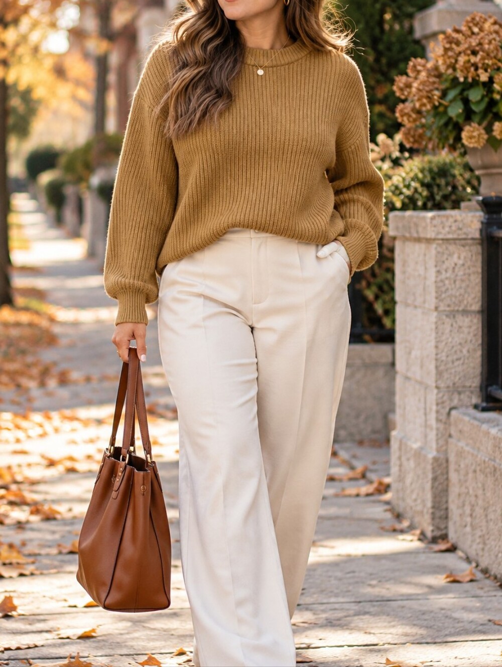 Minimum 100% Cotton Camel Ribbed Knit Crewneck Sweater Quiet Luxury Preppy